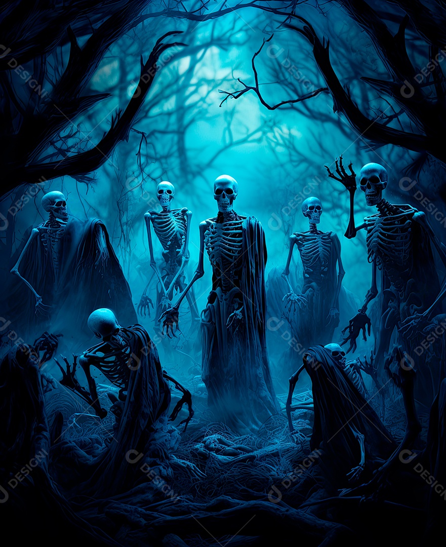 Imagem de fundo de visão noturna de madeiras escuras com zumbis e caveiras