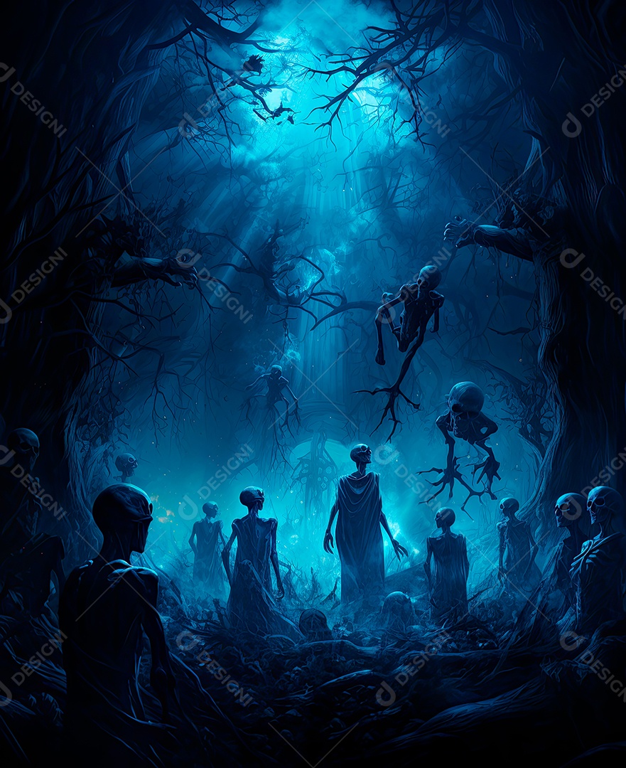 Imagem de fundo de visão noturna de madeiras escuras com zumbis e caveiras