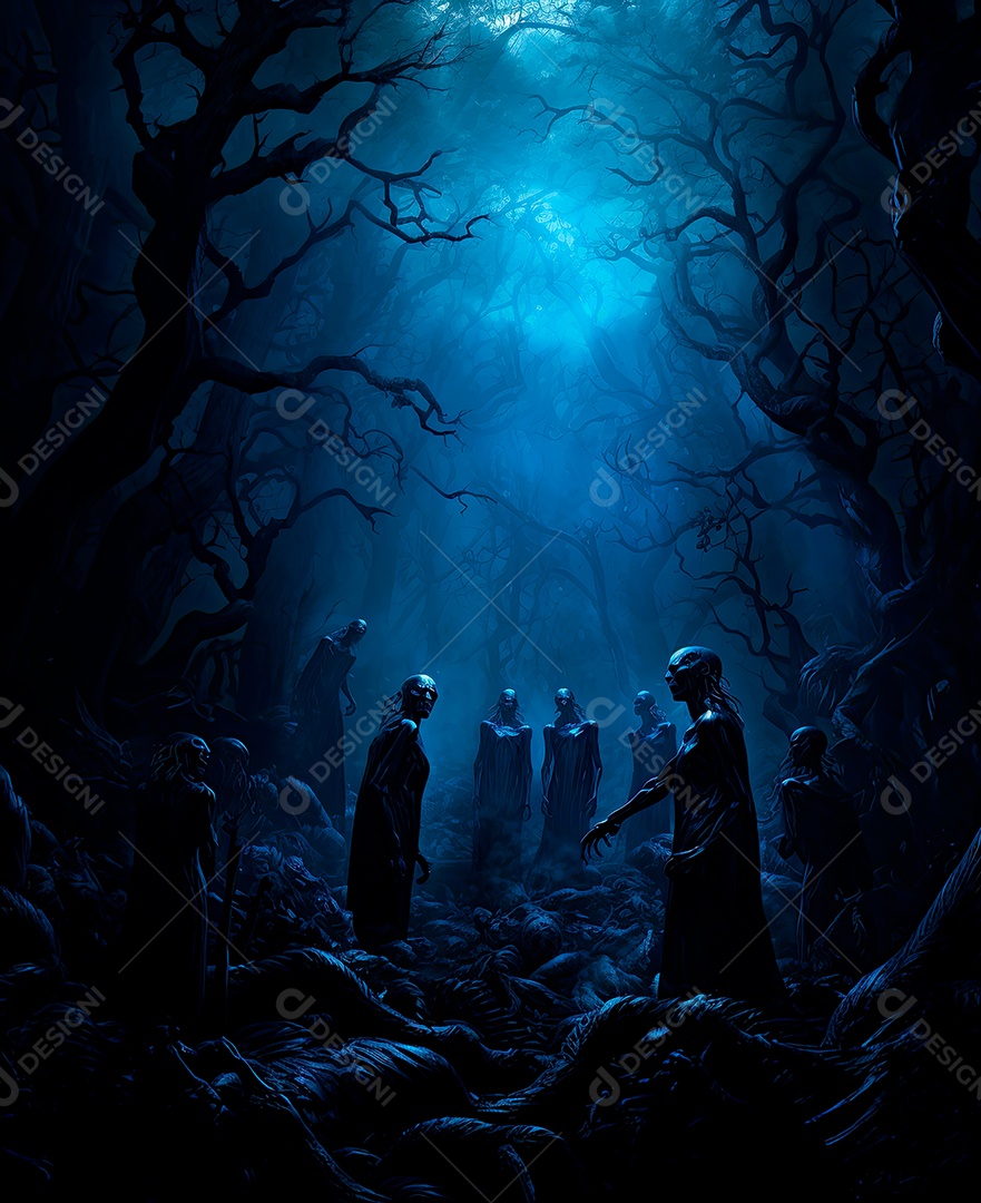 Imagem de fundo de visão noturna de madeiras escuras com zumbis e caveiras