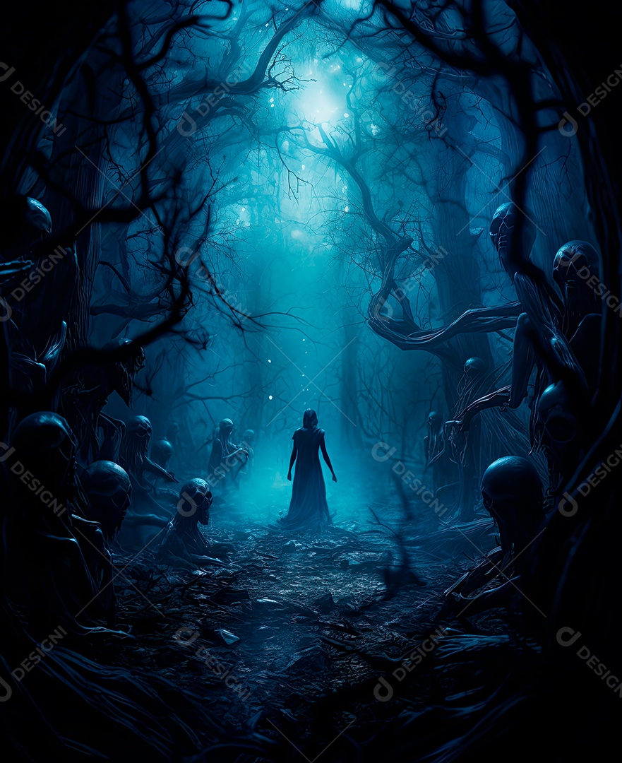 Imagem de fundo de visão noturna de madeiras escuras com zumbis e caveiras