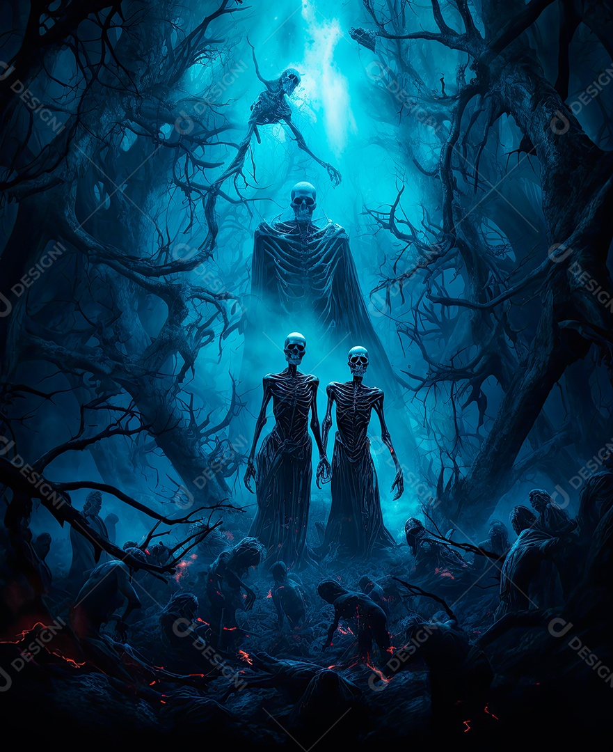 Imagem de fundo de visão noturna de madeiras escuras com zumbis e caveiras