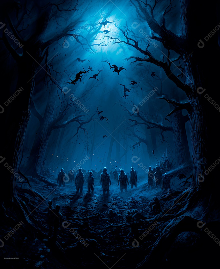 Imagem de fundo de visão noturna de madeiras escuras com zumbis e caveiras