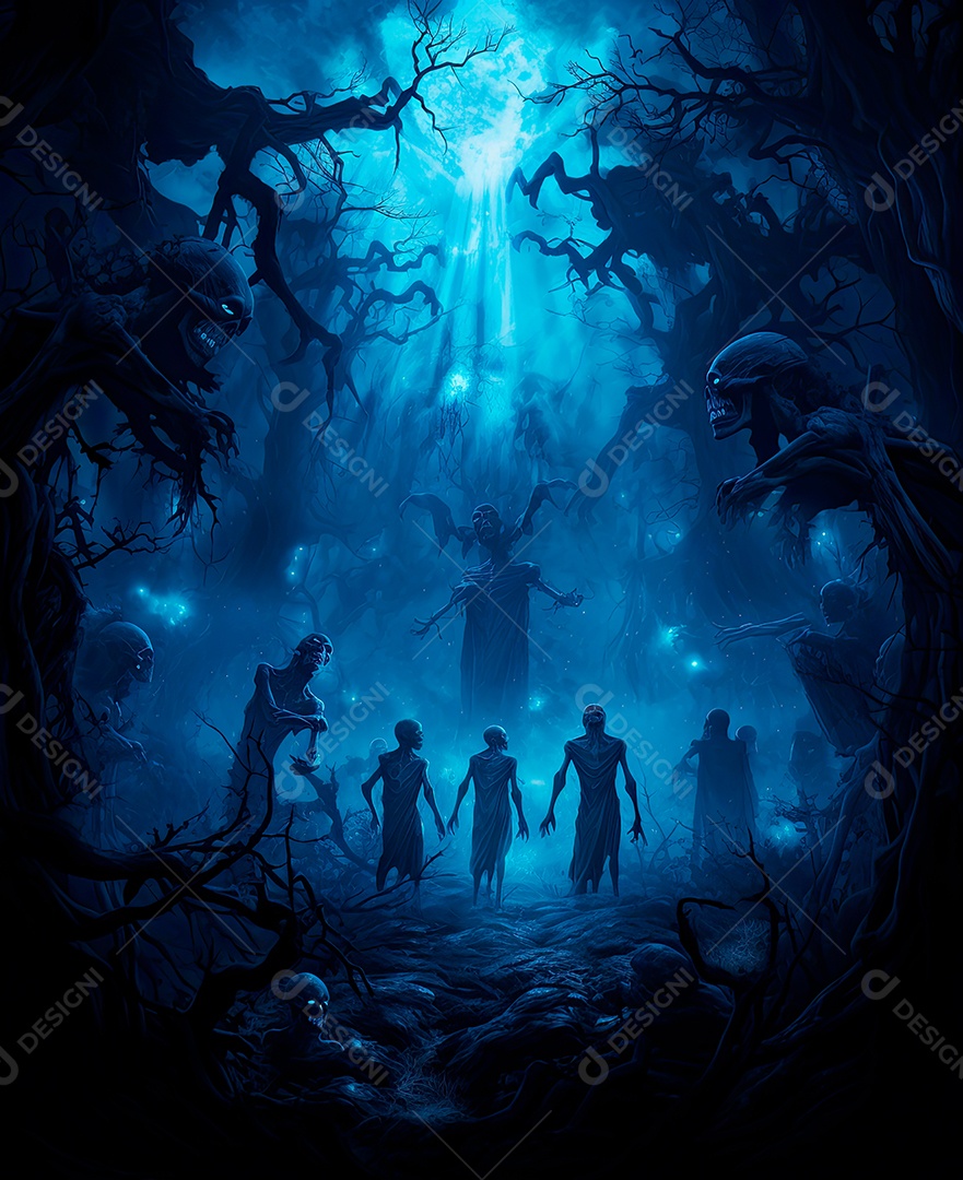 Imagem de fundo de visão noturna de madeiras escuras com zumbis e caveiras