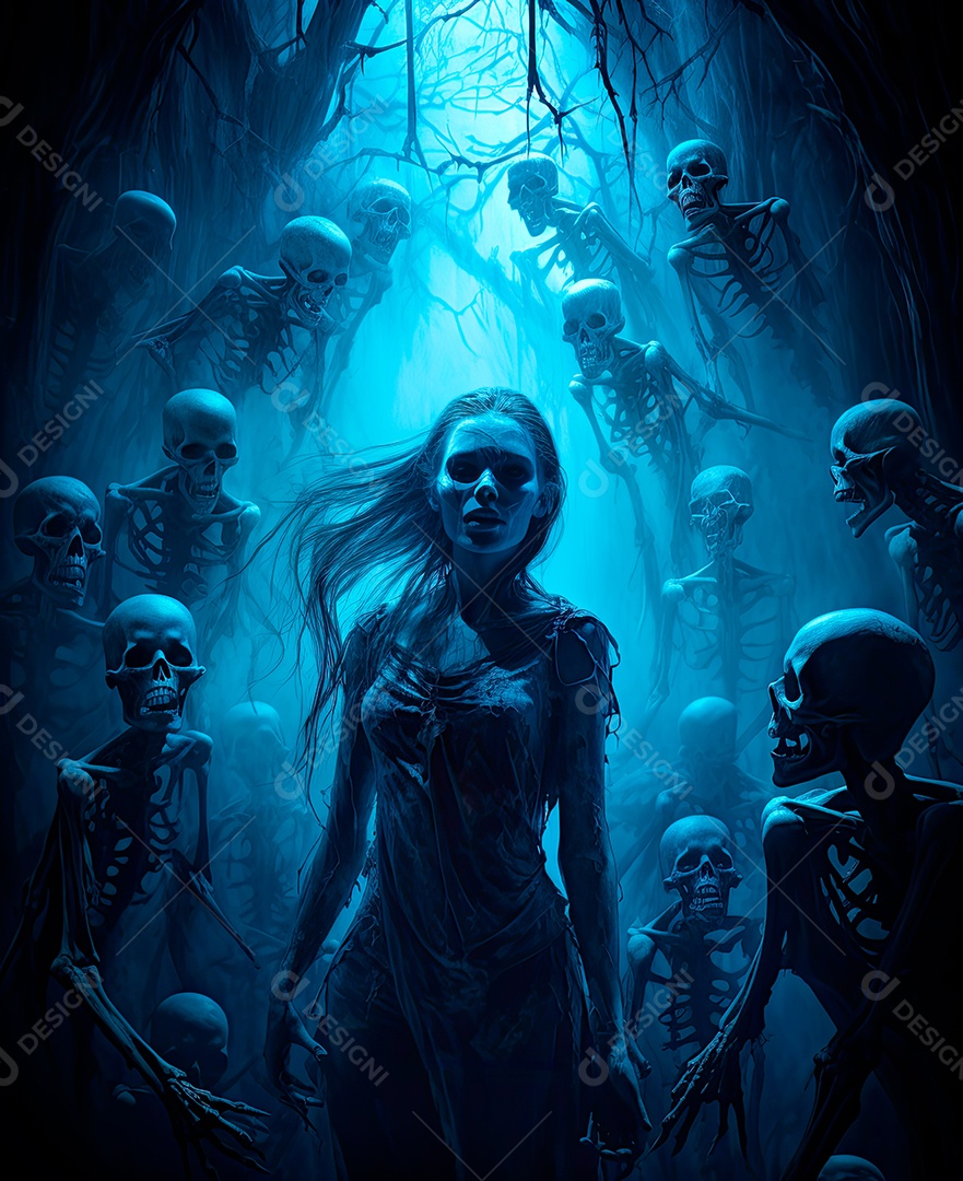 Imagem de fundo de visão noturna de madeiras escuras com zumbis e caveiras