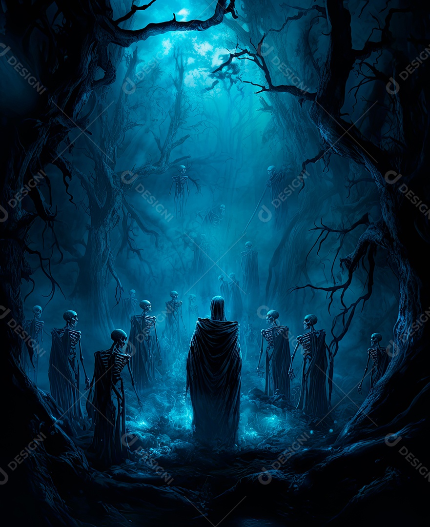 Imagem de fundo de visão noturna de madeiras escuras com zumbis e caveiras