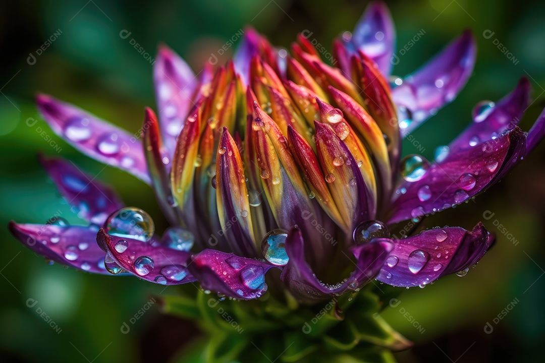 Flor orvalhada exótica e abelha no jardim sereno.