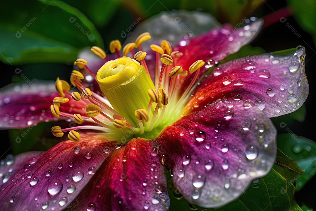 Flor orvalhada exótica e abelha no jardim sereno.