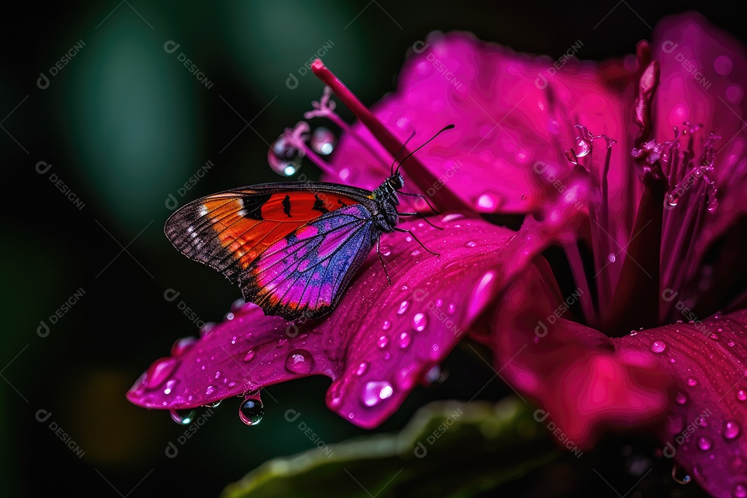 Flor exótica cercada por folhagem, borboletas e orvalho.