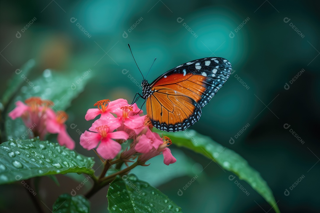 Flor exótica cercada por folhagem, borboletas e orvalho.