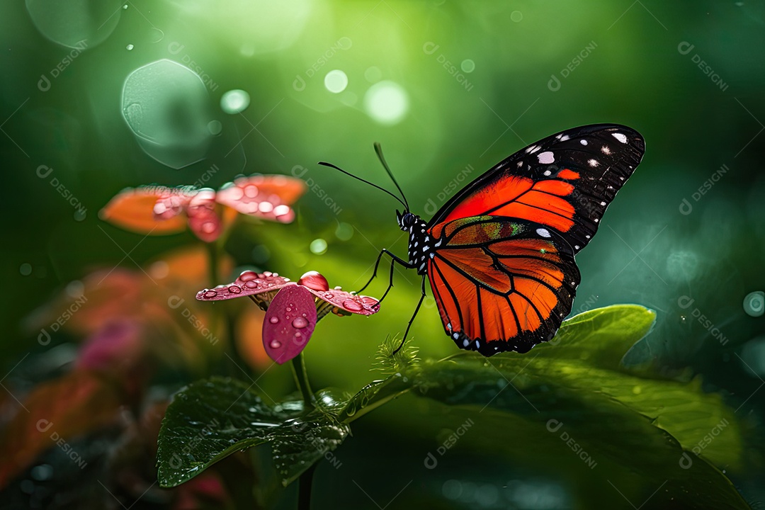 Flor exótica cercada por folhagem, borboletas e orvalho.