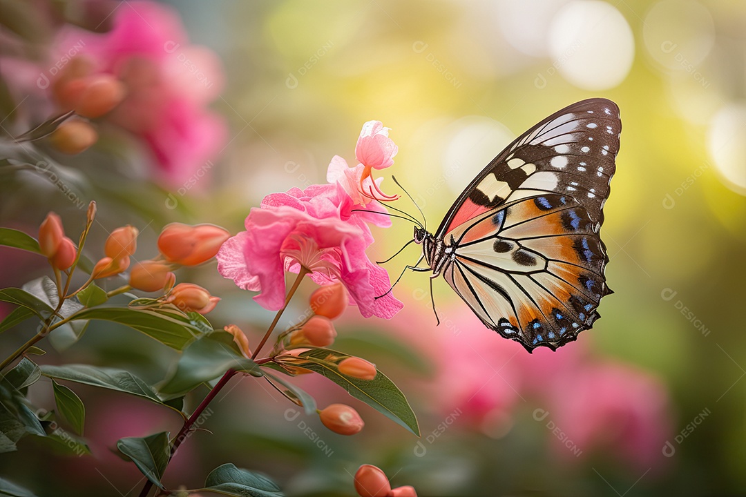 Flor exuberante com borboletas no jardim sereno