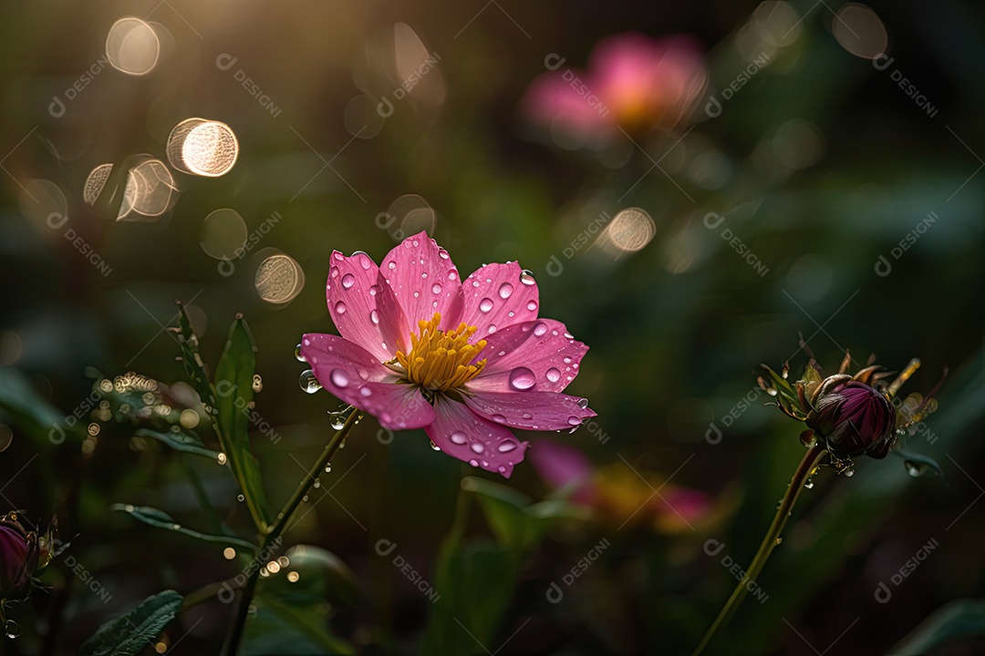 Flores silvestres em cores vibrantes, orvalho cintilante