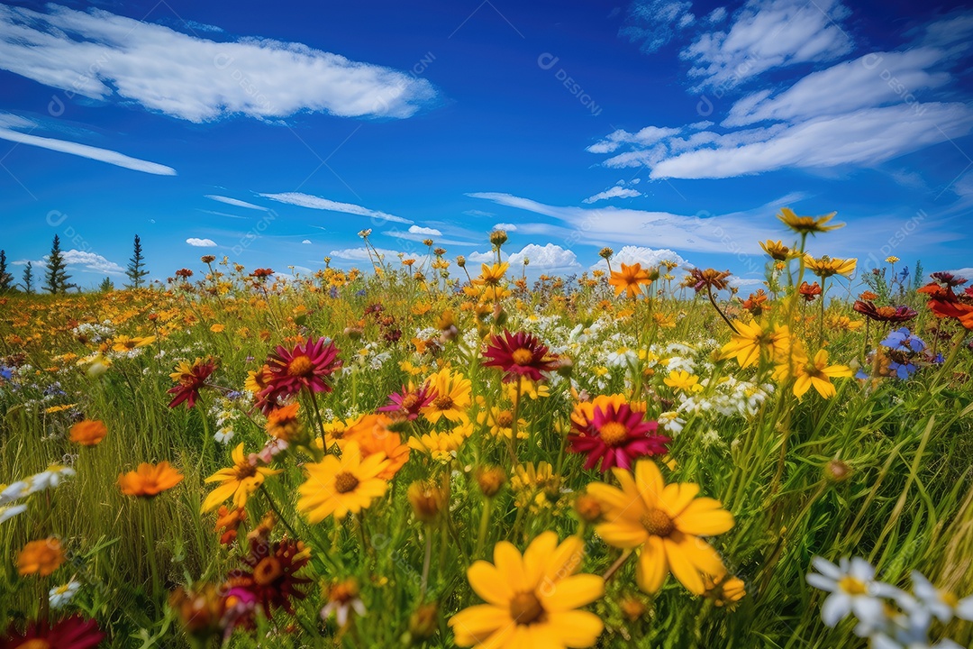 Pradaria exuberante cheia de flores coloridas e vibrantes sob o céu azul.