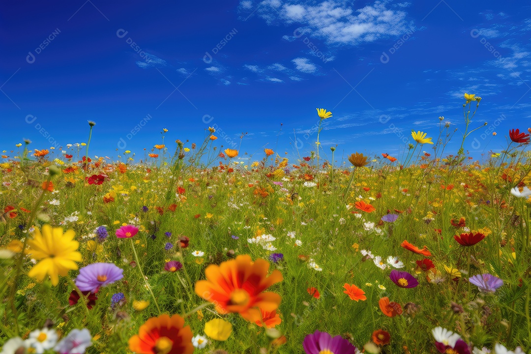 Pradaria exuberante cheia de flores coloridas e vibrantes sob o céu azul.