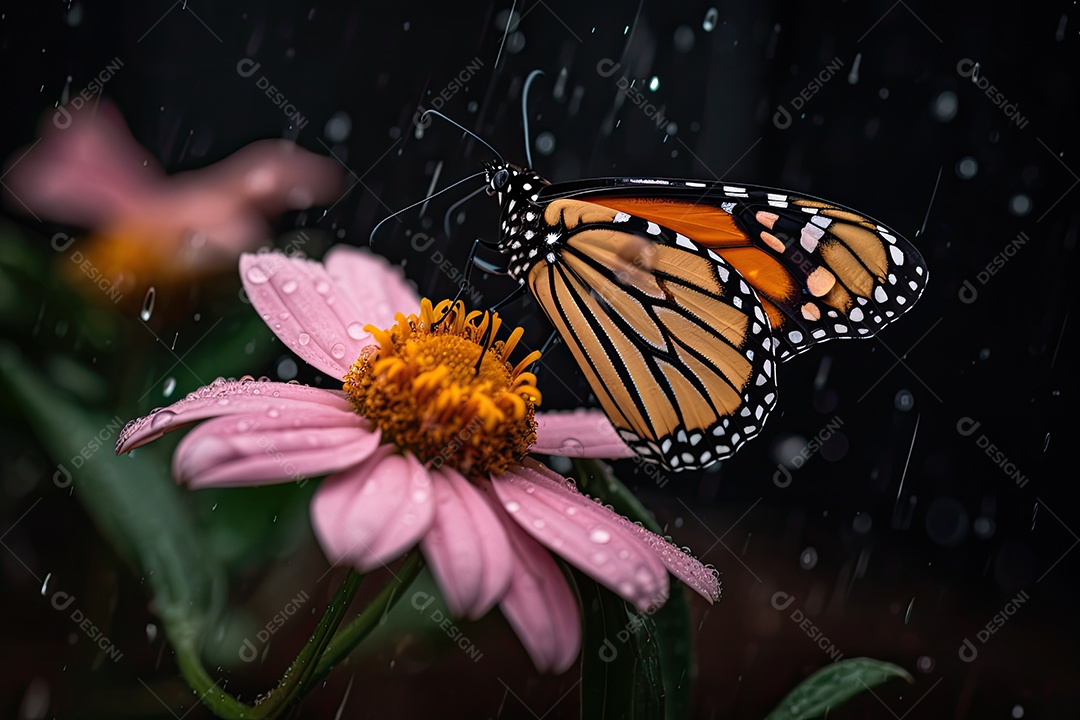 Borboleta pousa em flor rosa e orvalho.