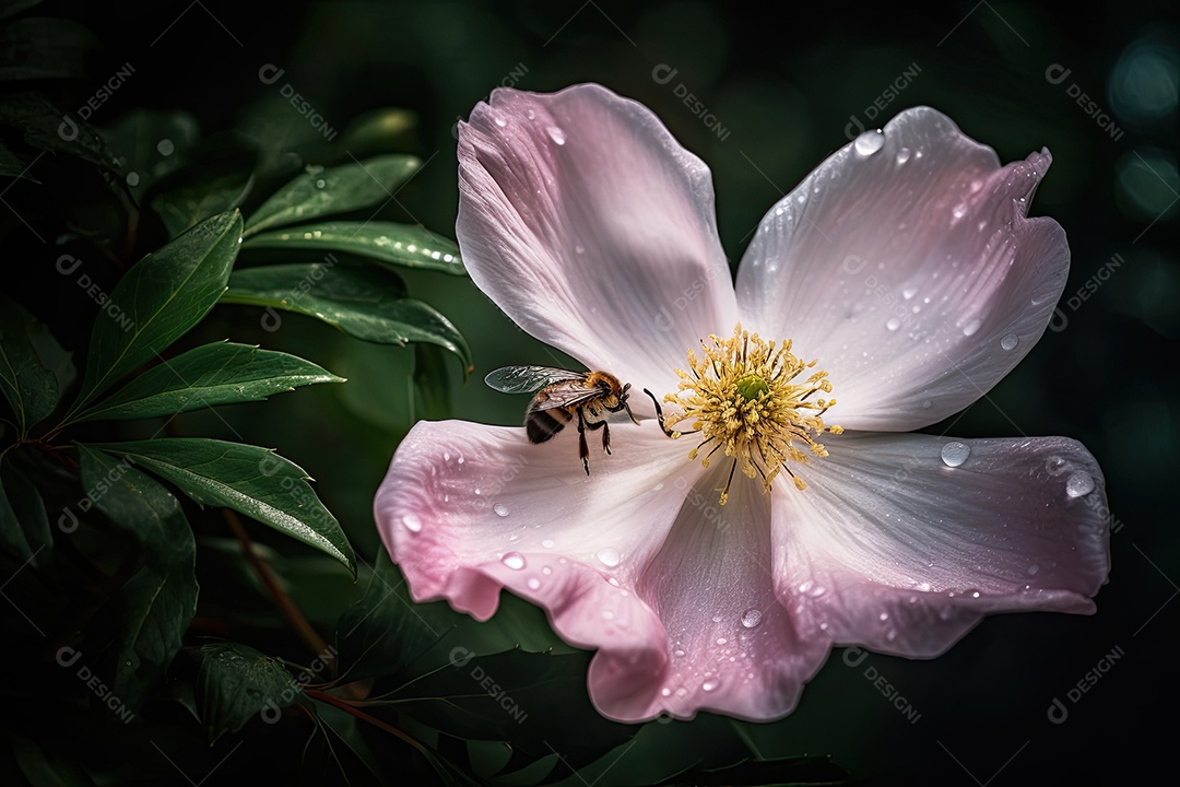 Flor solitária florescendo em jardim exuberante, abelha coletando néctar.