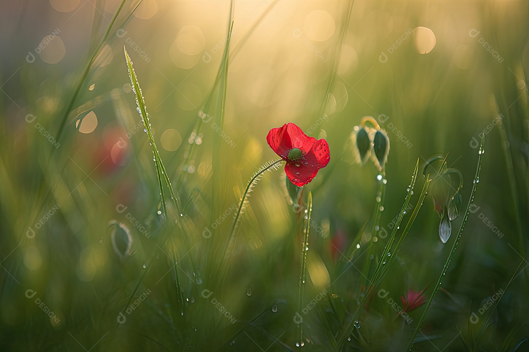 Flor carmesim solitária floresce em campo verde ao amanhecer, coberta de orvalho.