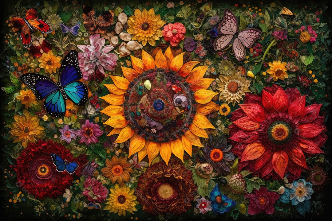 Jardim vibrante: rosas vermelhas, tulipas, girassóis e borboletas em harmonia.