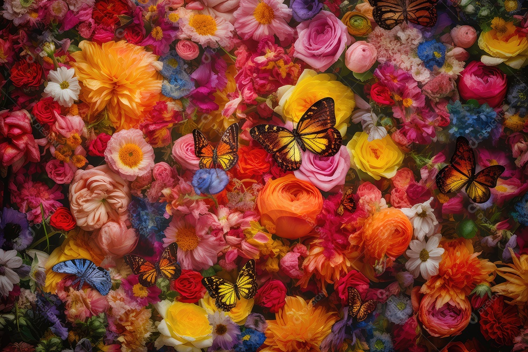 Jardim vibrante: rosas vermelhas, tulipas, girassóis e borboletas em harmonia.