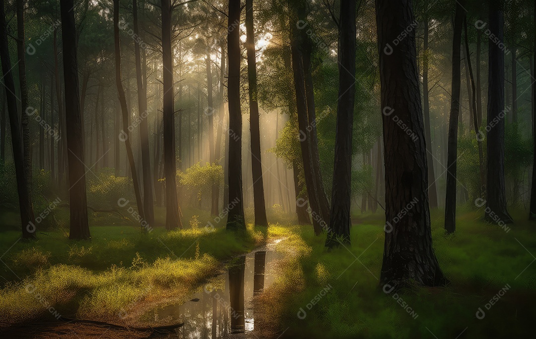 Pinhal, ribeira sinuosa, veados entre troncos. Jogo de luz e sombra.