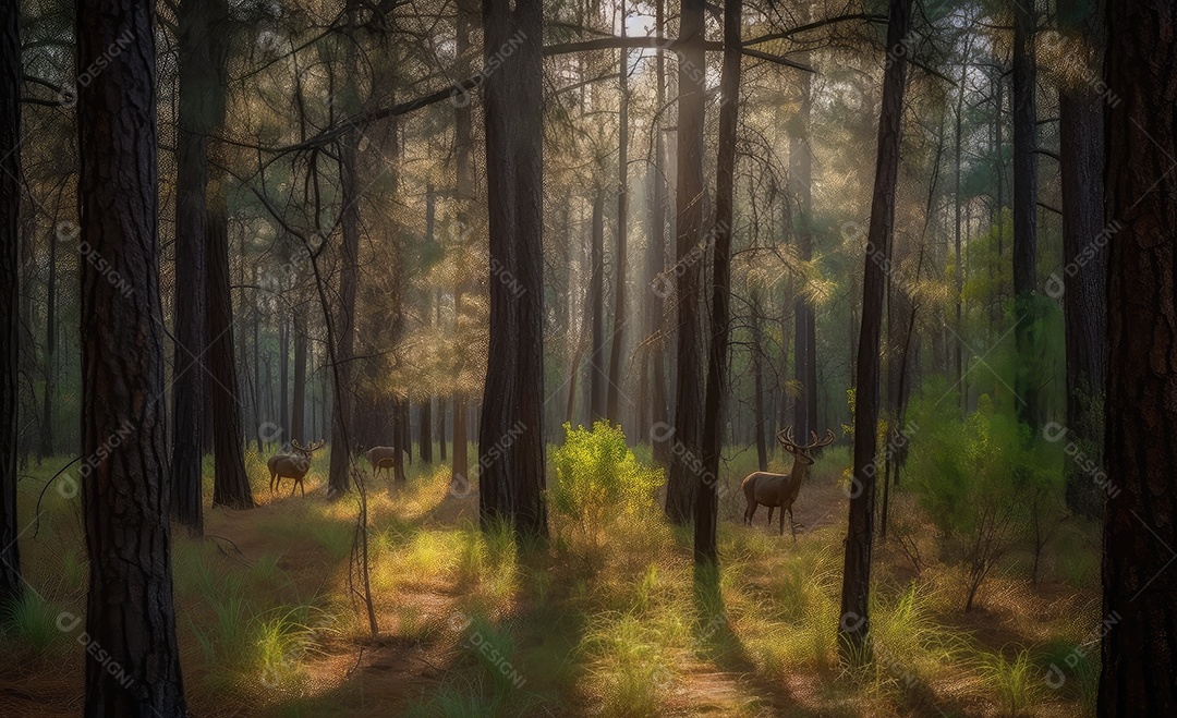 Floresta de pinheiros, riacho sinuoso, veados entre troncos. Jogo de luz e sombra. (1)