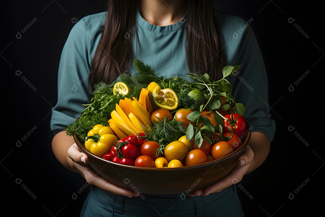 Mulher segurando tigela com alimentos saudáveis
