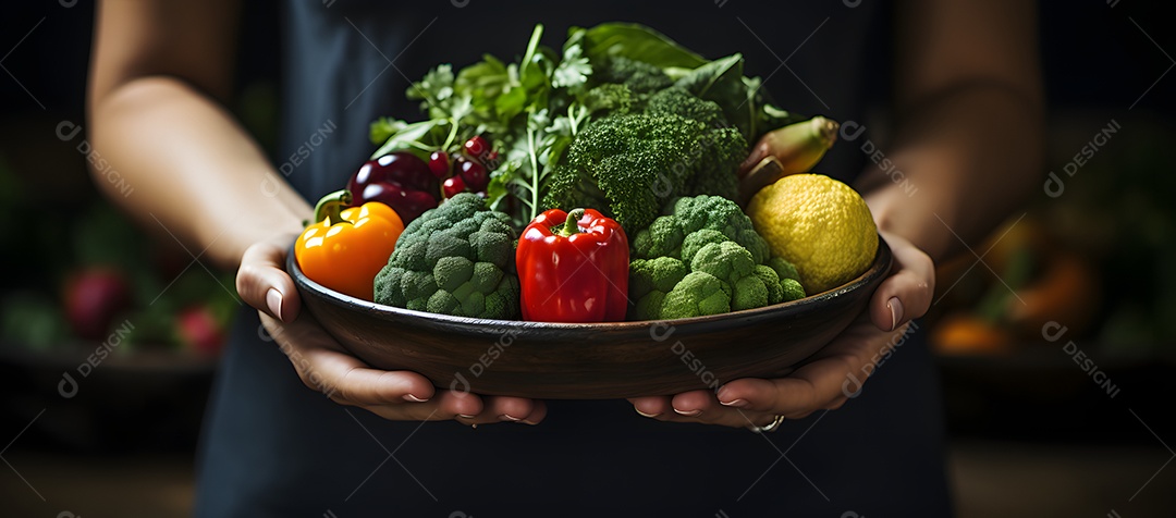 Mulher segurando cesta com alimentos saudáveis