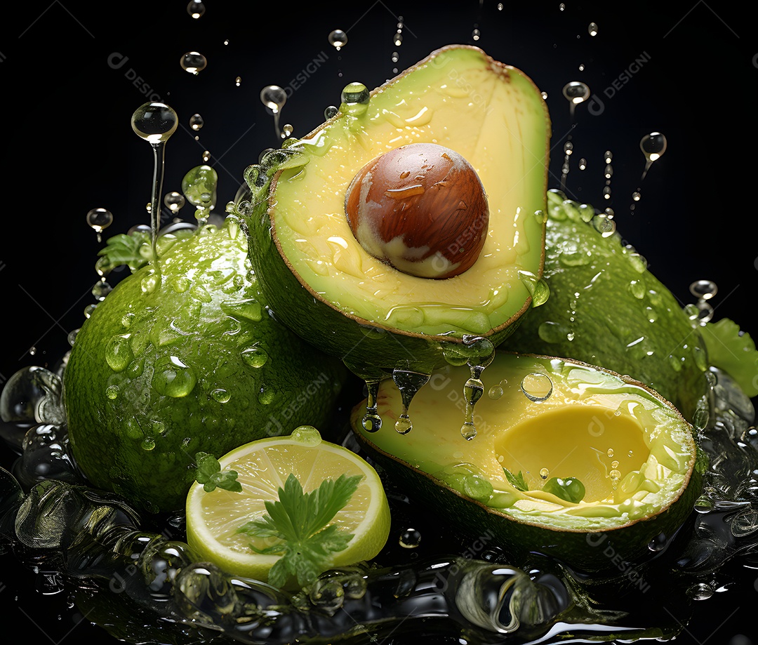 Abacates cortados ao meio com respingos de água