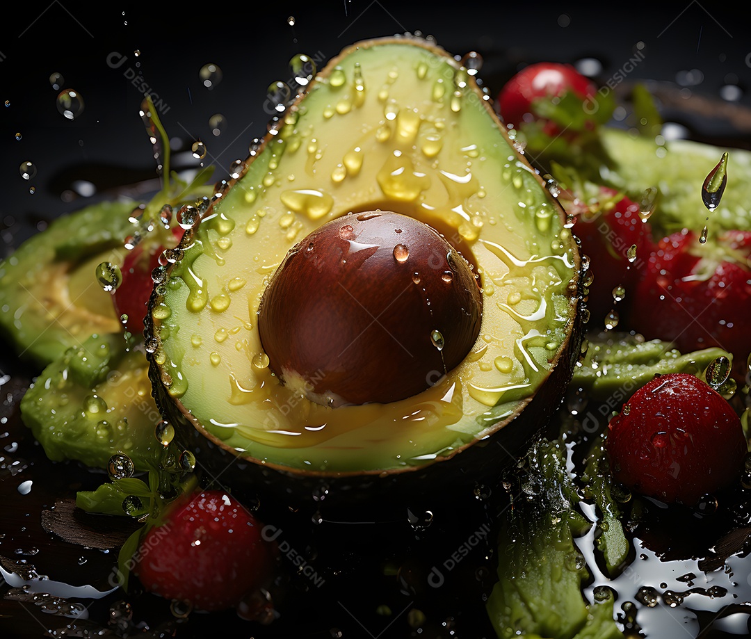 Abacates cortados ao meio com respingos de água