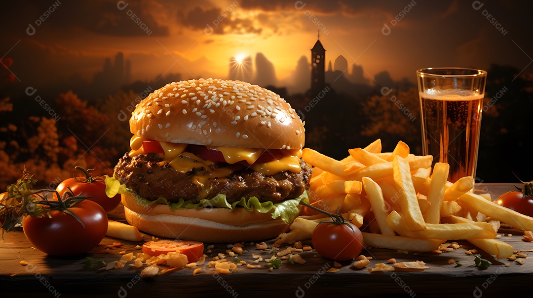 Delicioso hamburguer com batatas fritas