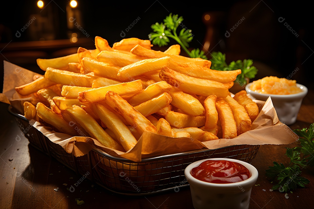 Cesta com batatas fritas crocantes