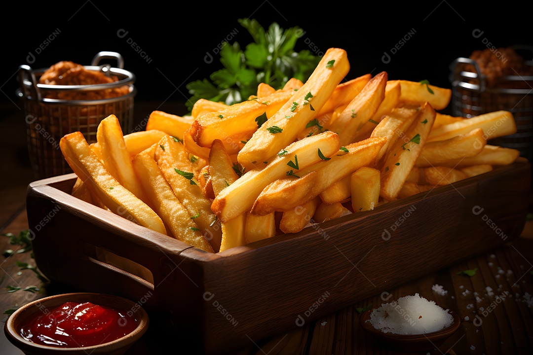 Cesta com batatas fritas crocantes