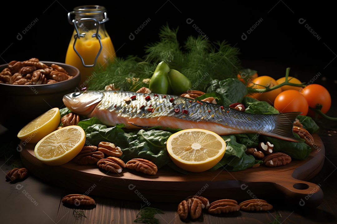 Peixe grelhado com acompanhamentos