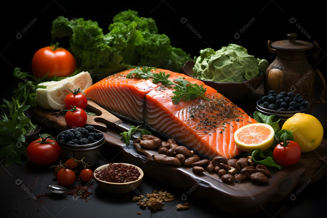 Delicioso salmão com acompanhamentos