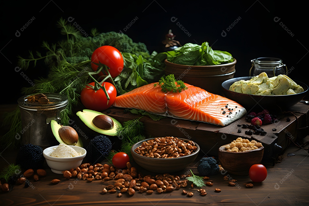 Delicioso salmão com acompanhamentos