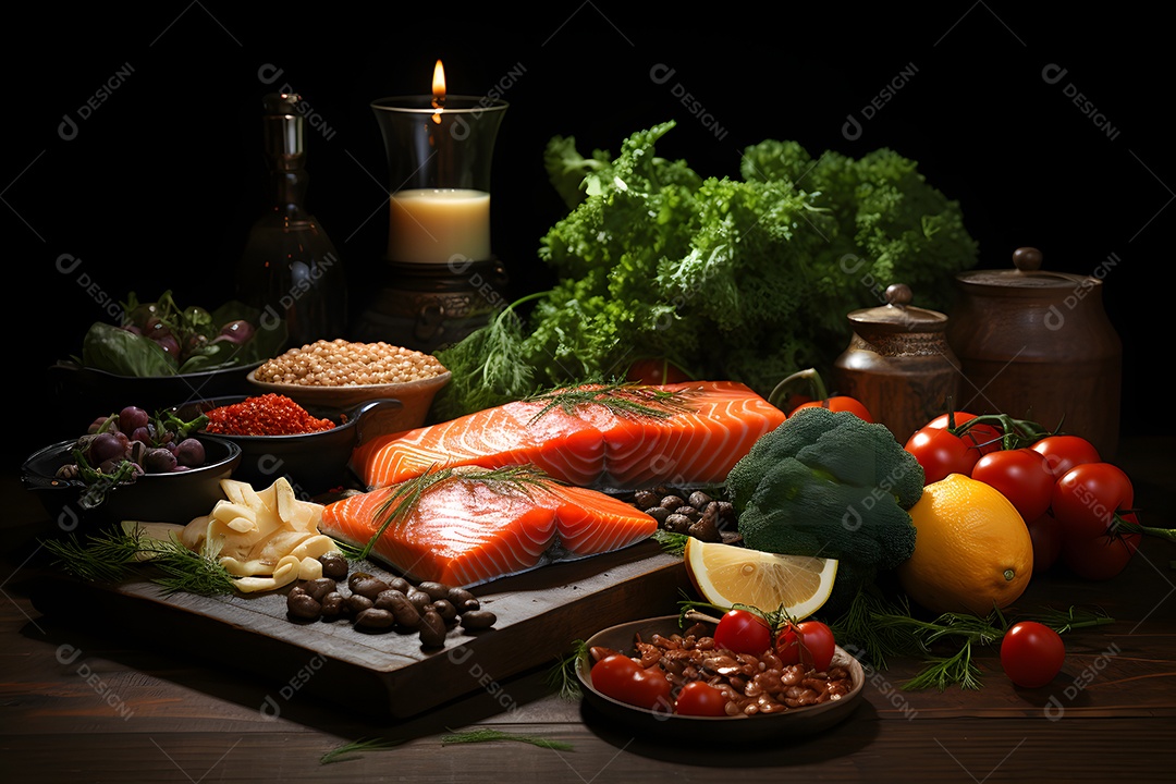 Delicioso salmão com acompanhamentos)