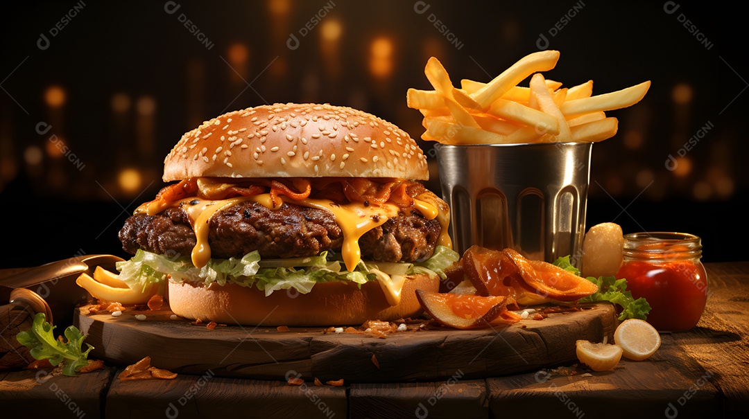 Delicioso hamburguer com batatas fritas