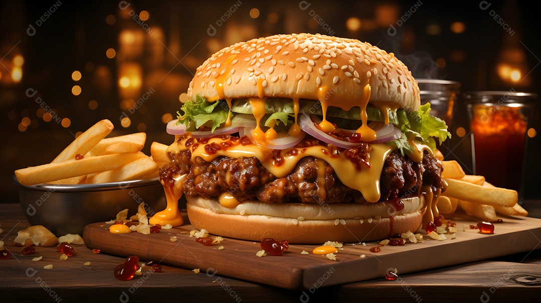 Delicioso hamburguer com batatas fritas