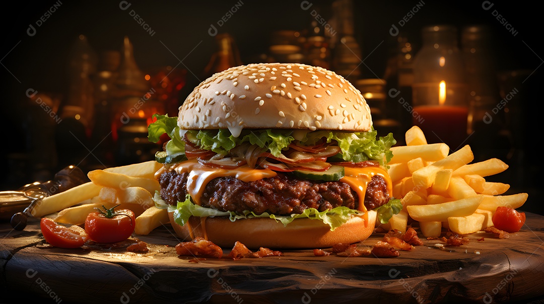 Delicioso hamburguer com batatas fritas