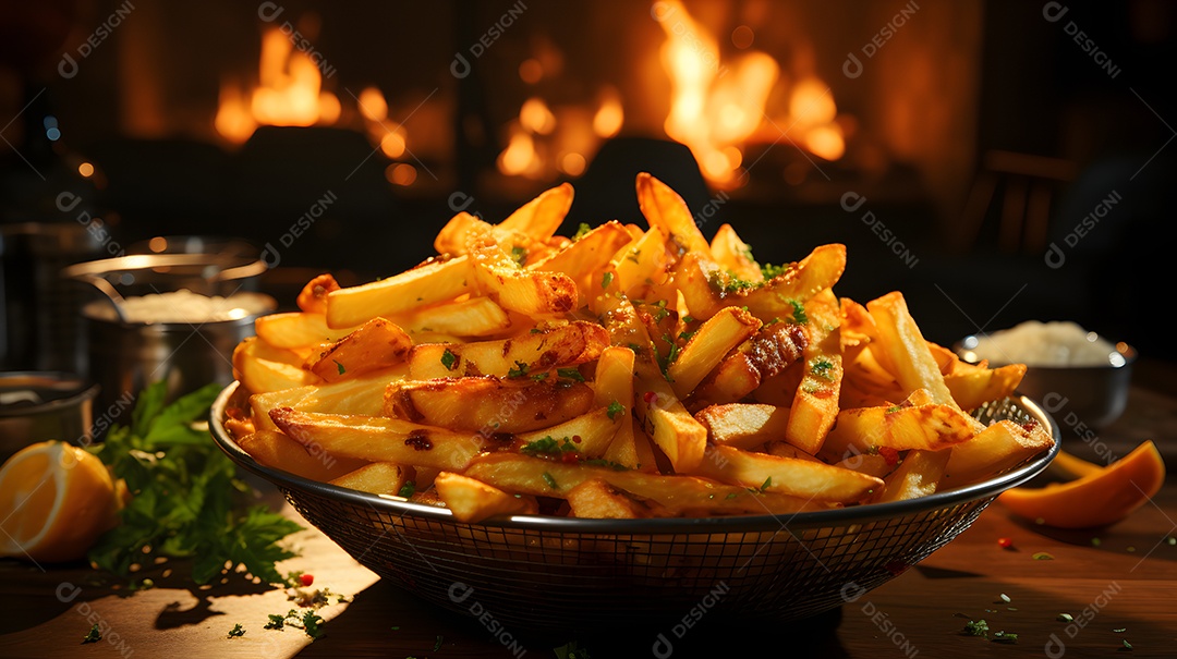 Tigela com deliciosas batatas fritas crocantes