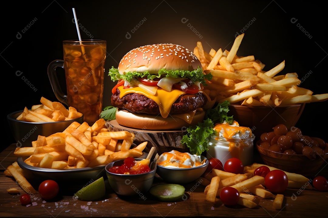 Delicioso hamburguer e batatas fritas