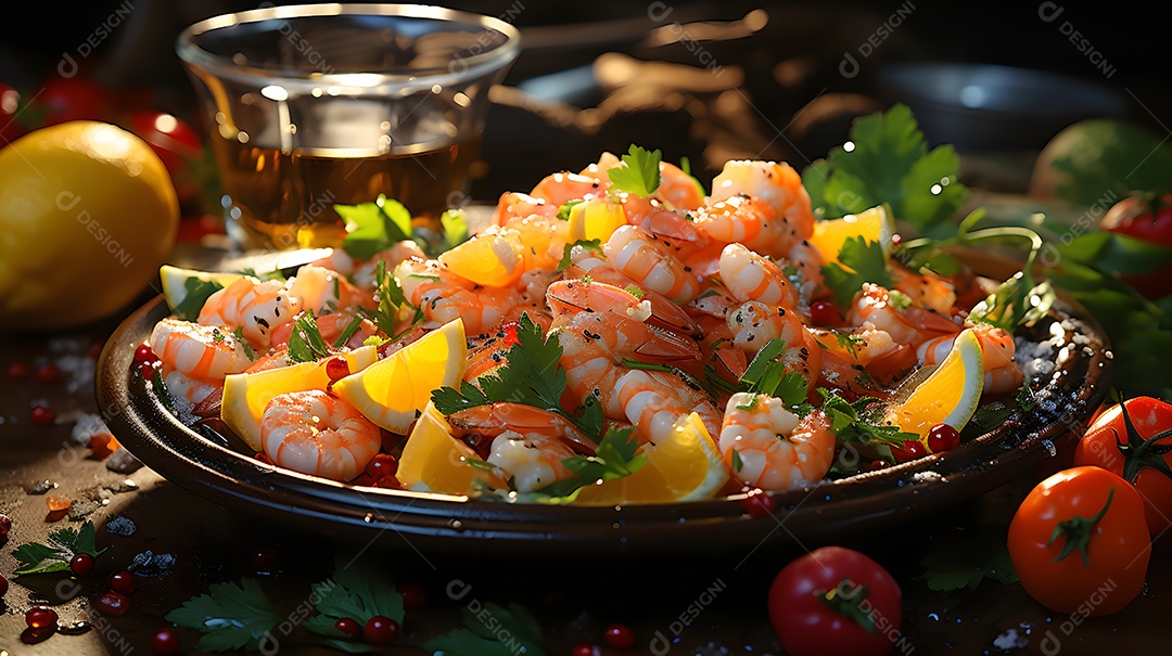 Camarões e acompanhamentos sobre a mesa