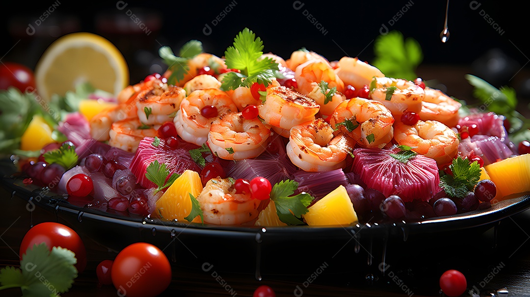 Tigela com camarão e acompanhamentos