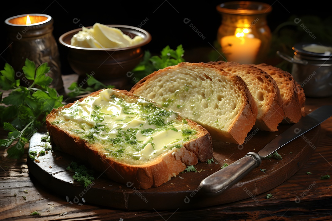 Pão fatiado com manteiga sobre a tábua