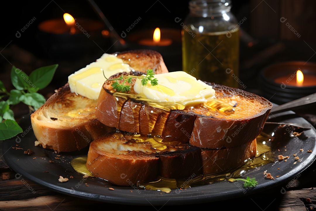 Pão fatiado com manteiga sobre a tábua