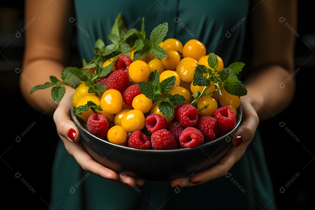 Mulher segurando tigela com deliciosas frutas saudáveis