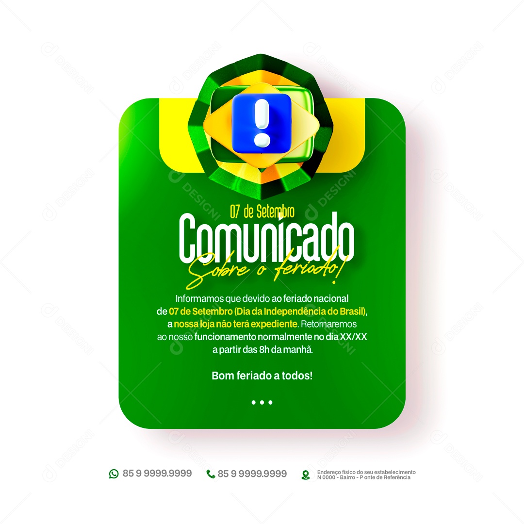 Comunicado Sobre o Feriado 07 De Setembro Social Media PSD Editável
