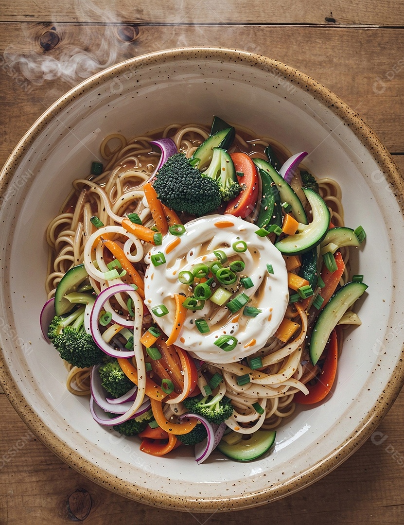 Macarrão sobre uma tigela em uma mesa de madeira