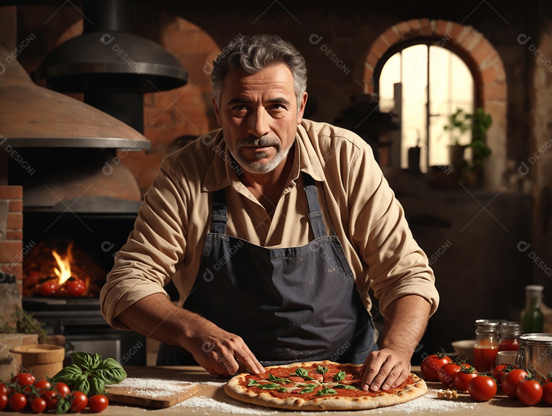 Velho na cozinha fazendo imagem conceitual de estúdio de comida