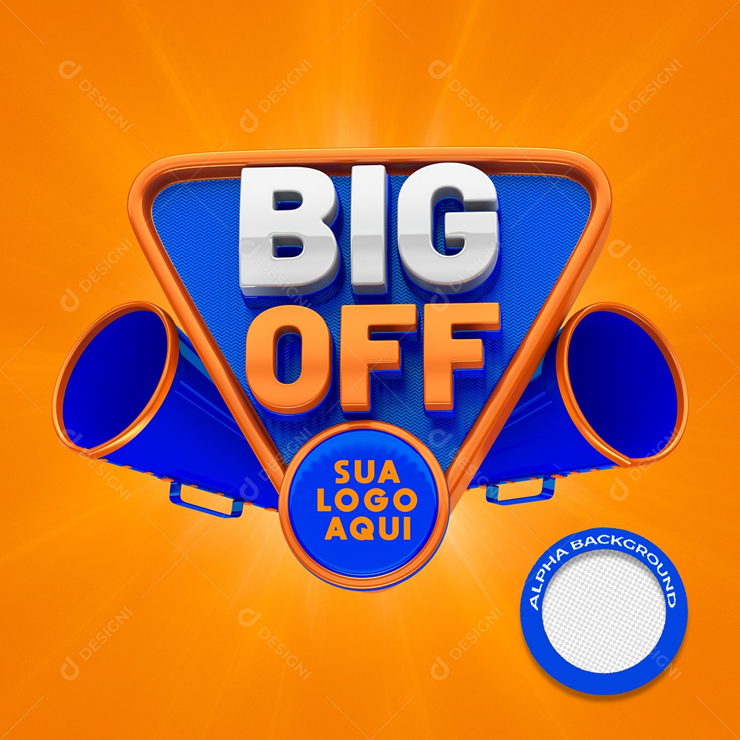 Selo 3D Big Off Azul e Laranja Para Composição PSD Editável